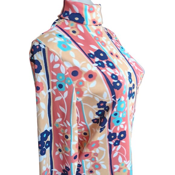 Medium Vintage Elleen 1970s Groovy Mod Mom Floral Striped High-Neck Top 11/12 - Picture 6 of 8